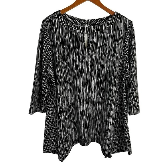 Robert Louis Black White Blouse XL Keyhole Cutout Neckline Sharkbite Hem Stretch - Picture 1 of 7